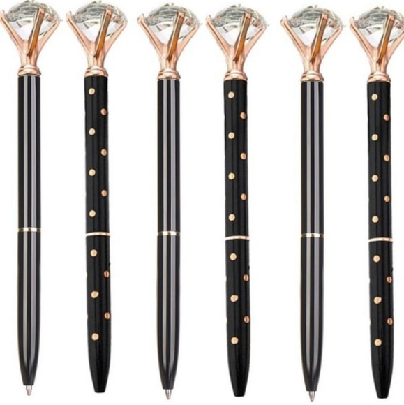 NEW CRYSTAL FAUX DIAMOND TOP BALLPOINT PEN IN BLACK WITH ROSE GOLD NIP - Picture 2 of 2